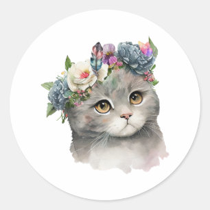 Cute Grey Colour Cat with Flowers Cat Lover Classic Round Sticker