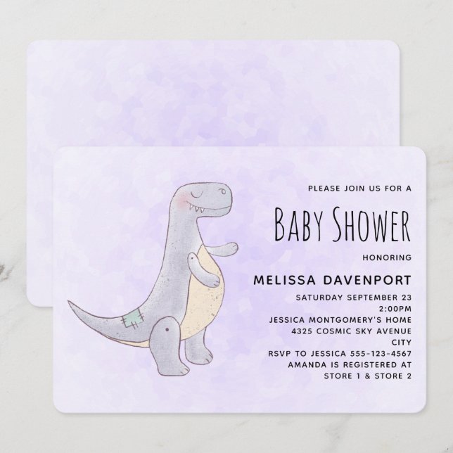 Cute Grey Dinosaur Toy Watercolor Baby Shower Invitation (Front/Back)