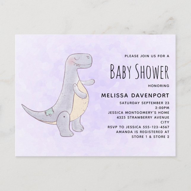 Cute Grey Dinosaur Toy Watercolor Baby Shower Invitation Postcard (Front)