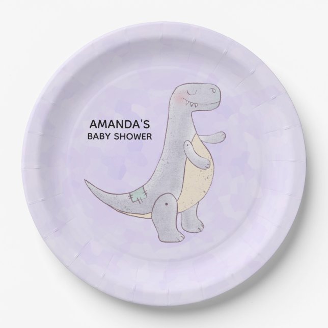 Cute Grey Dinosaur Toy Watercolor Baby Shower Paper Plate (Front)