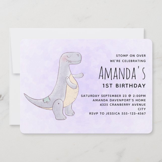 Cute Grey Dinosaur Toy Watercolor Birthday Invitation (Front)