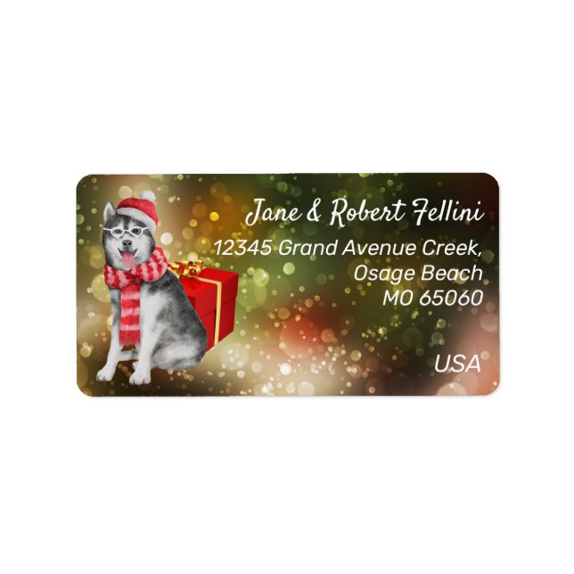 Cute grey dog red giftbox colourful festive custom label (Front)