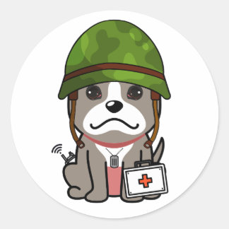 Cute grey Dog Wearing army helmet Classic Round Sticker