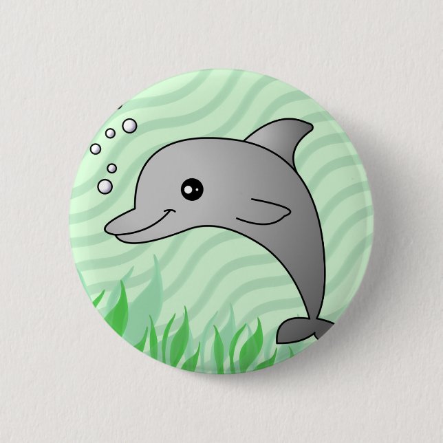 Cute Grey Dolphin in Green Water 2 Inch Round Button (Front)