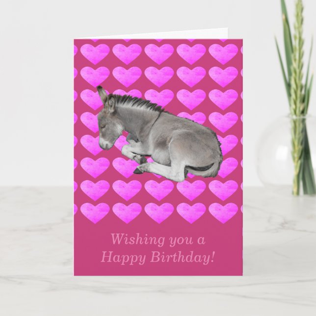 Cute grey donkey on pink hearts birthday card (Front)