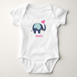 Cute Grey Elephant and Pink Heart Personalised Baby Bodysuit