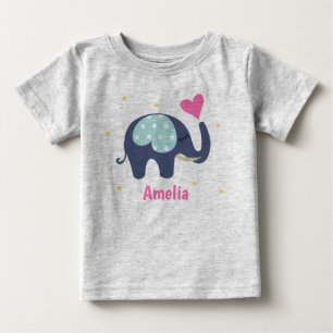 Cute Grey Elephant and Pink Heart Personalised Baby T-Shirt