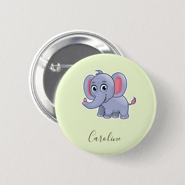Cute grey elephant green 2 inch round button (Front & Back)
