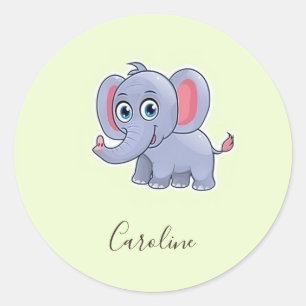 Cute grey elephant green classic round sticker