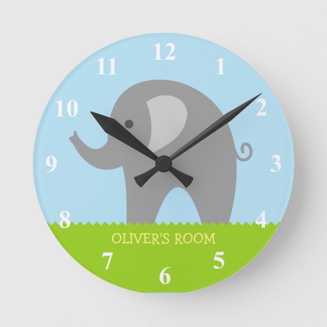 Cute grey elephant nursery wall clock for children (Front)