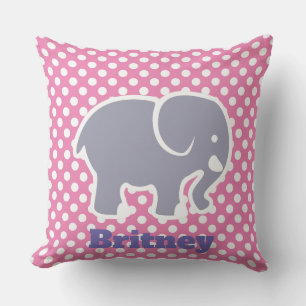 Cute Grey Elephant On Polka Dot pattern Monogram Throw Pillow