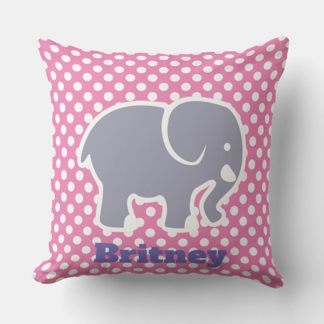 Cute Grey Elephant On Polka Dot pattern Monogram Throw Pillow (Front)