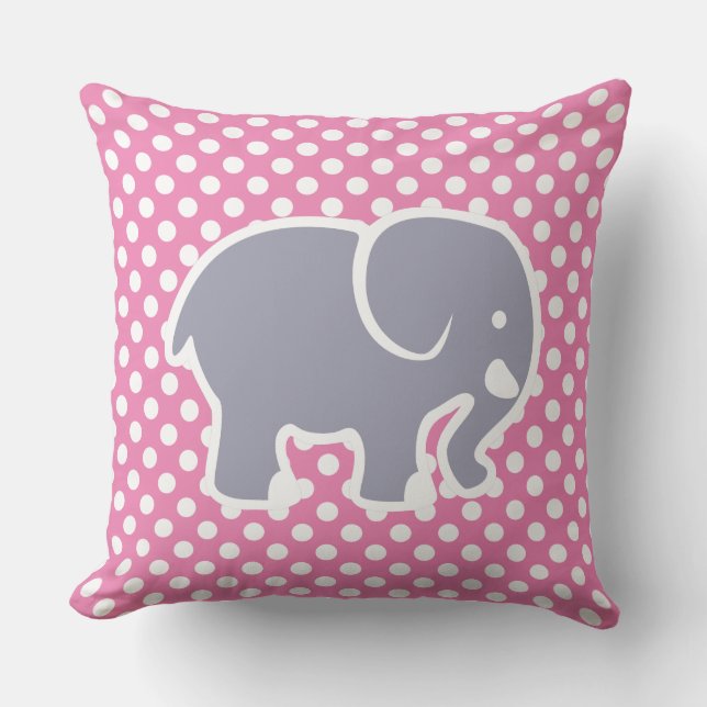 Cute Grey Elephant On Polka Dot pattern nursery Throw Pillow (Front)