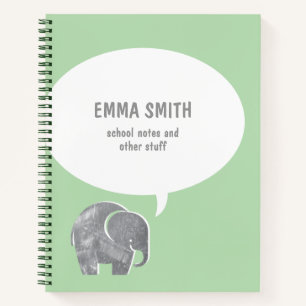 Cute Grey Elephant Speech Bubble on Green Kids Notebook