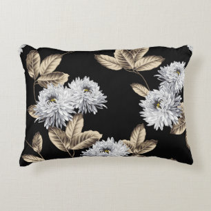 cute grey flowers with brown leaf pattern on black accent pillow