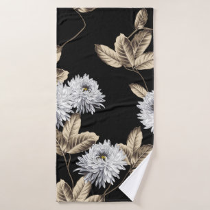 cute grey flowers with brown leaf pattern on black bath towel