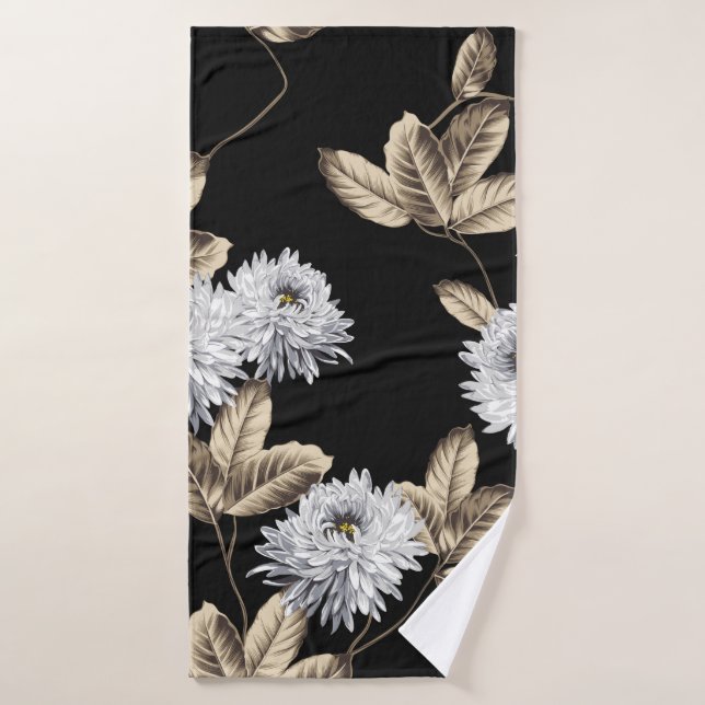 cute grey flowers with brown leaf pattern on black bath towel (Bath Towel)