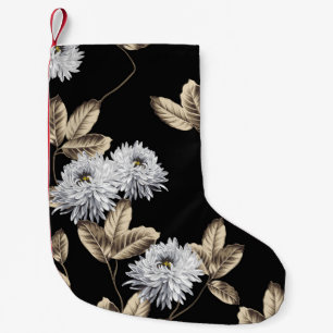 cute grey flowers with brown leaf pattern on black small christmas stocking