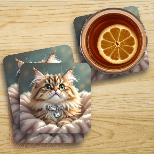 Cute Grey Fluffy Tabby Cat with Diamond Collar Coaster