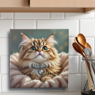 Cute Grey Fluffy Tabby Cat with Diamond Collar Tile
