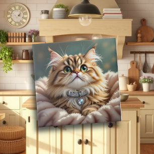 Cute Grey Fluffy Tabby Cat with Diamond Collar Tile