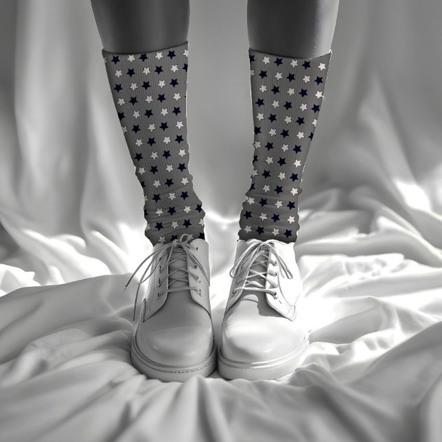    Cute Grey Geometric Pattern White & Black Stars Socks (Creator Uploaded)