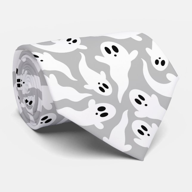 Cute Grey Ghost Halloween Pattern Tie (Rolled)