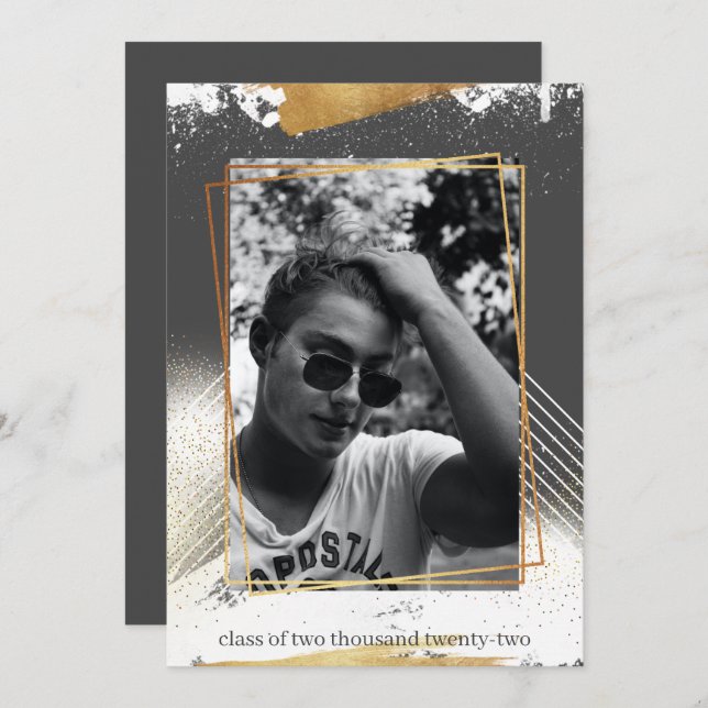 Cute Grey & Gold Framed Graduation Invitation (Front/Back)