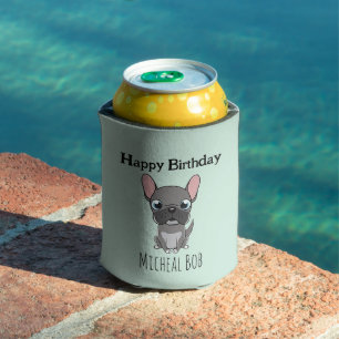 Cute grey happy birthday custom name pug dog blue can cooler