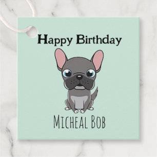 Cute grey happy birthday custom name pug dog blue favour tags