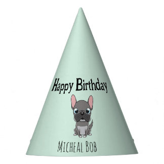 Cute grey happy birthday custom name pug dog blue party hat