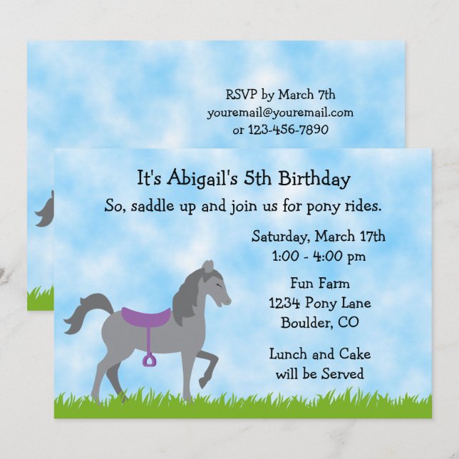 Cute Grey Horse Pony Rides Horse Birthday Party Invitation (Front/Back)