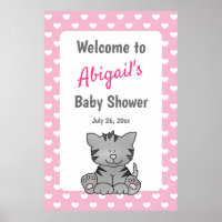 Cute Grey Kitten and Hearts Girl Baby Shower
