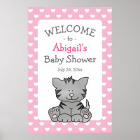 Cute Grey Kitten and Hearts Girl Baby Shower
