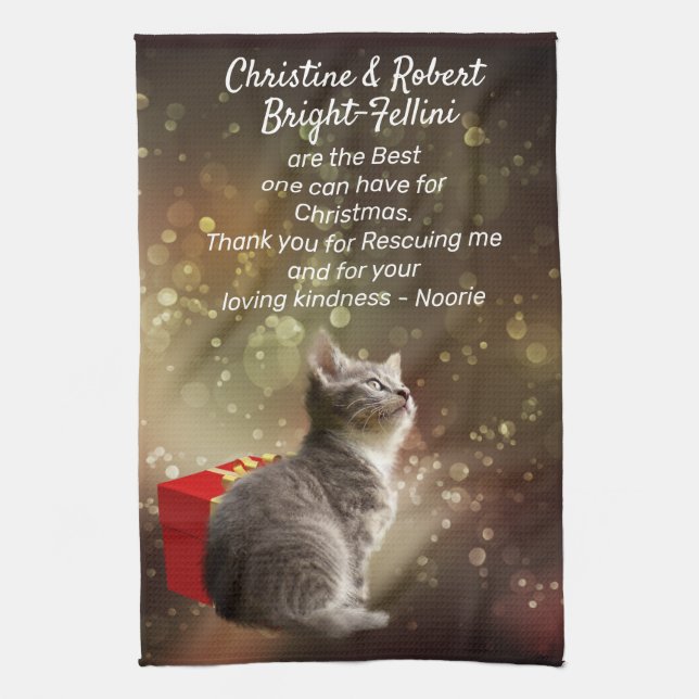 Cute grey Kitten and red box festive custom Xmas Kitchen Towel (Vertical)