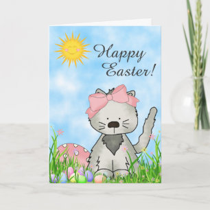 Cute Grey Kitten, Basket and Eggs Happy Easter Cat Holiday Card