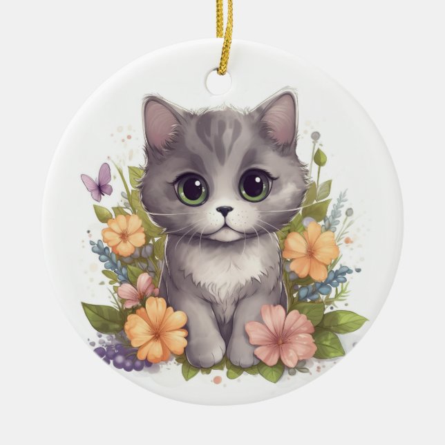 Cute Grey Kitten  Ceramic Ornament (Front)