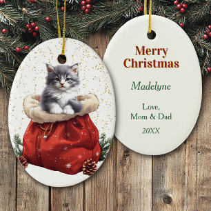 Cute Grey Kitten Christmas Gift Bag Ceramic Ornament