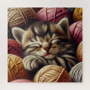 Cute Grey Kitten Napping in Balls of Yarn Jigsaw Puzzle