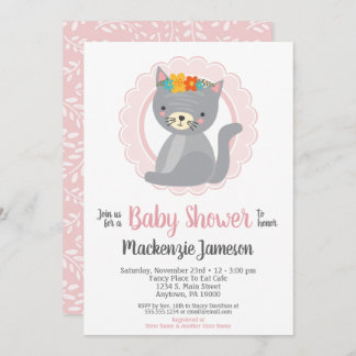 Cute Grey Kitten Pink Girls Baby Shower Invitation