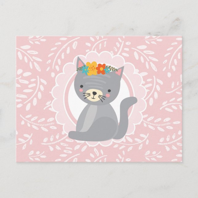Cute Grey Kitten Pink White Cat Postcard (Front)