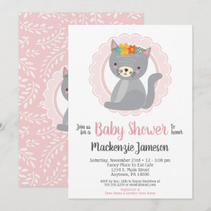 Cute Grey Kitten Rose Girls Baby shower Invitation