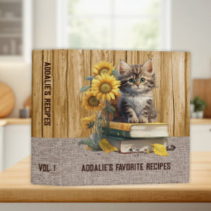 Cute Grey Kitten Sunflowers Burlap Recipe Binder