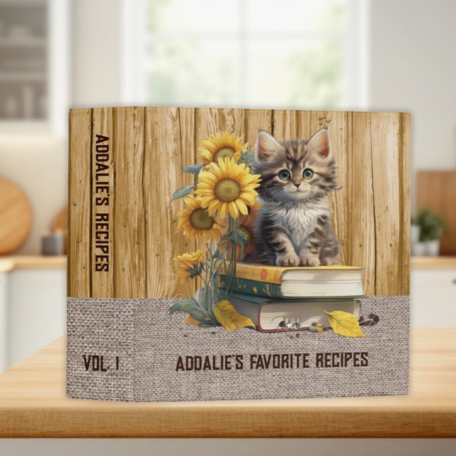 Cute Grey Kitten Sunflowers Burlap Recipe Binder (Cute cat and sunflowers family recipe binder.)