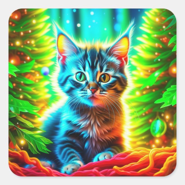 Cute Grey Kitten with Christmas Trees Square Sticker (Front)