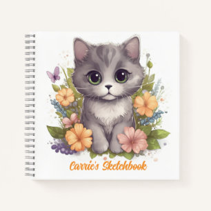 Cute Grey Kitten with Spring Flowers Notebook