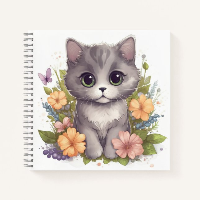 Cute Grey Kitten with Spring Flowers Notebook (Front)