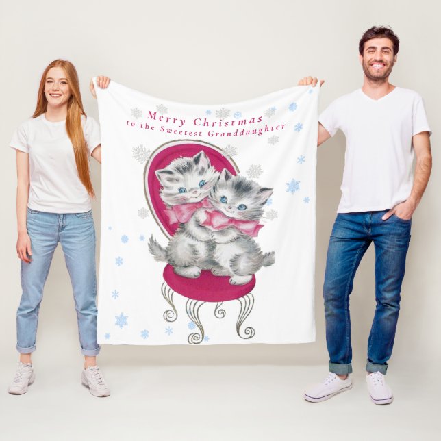 Cute Grey Kittens Pink Bow Christmas Snowflakes Fleece Blanket (In Situ)
