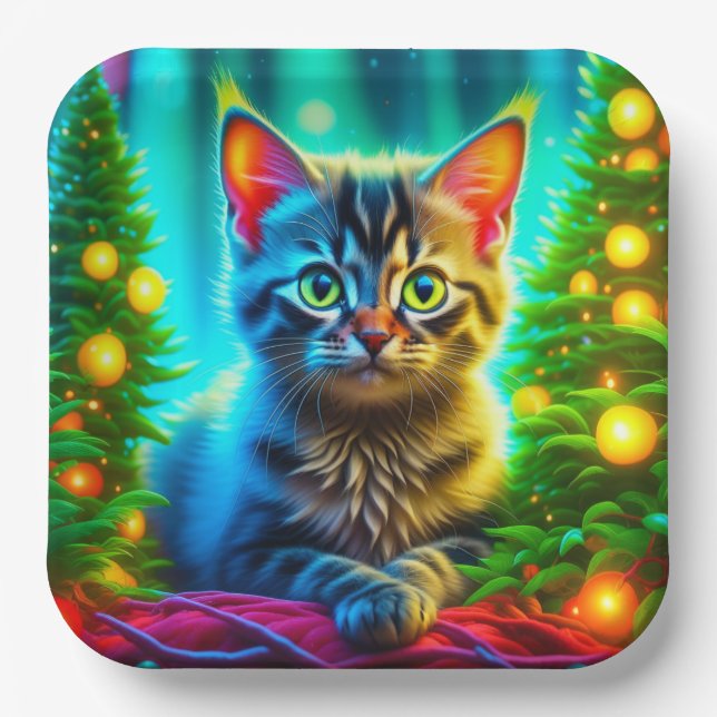 Cute Grey Kittens with Christmas Trees Paper Plate (Front)