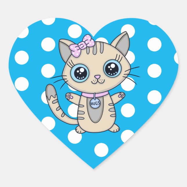 Cute Grey Kitty Cat Blue Polka Dot personalized Heart Sticker (Front)